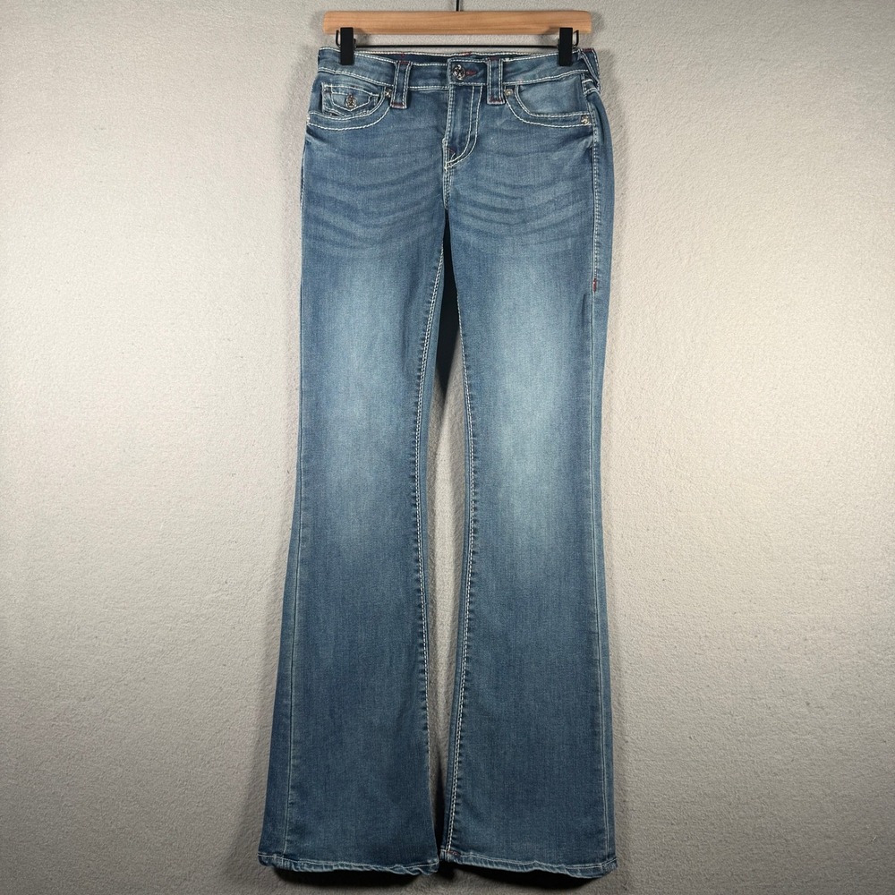 True Religion Becca Womens Bootcut Jeans Medium Wash Thick White Contrast